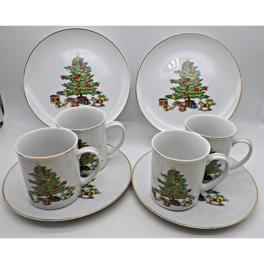 Vintage Holiday Hostess 8pc Dessert Set Cake Plates & Mugs Christmas Tree Holly